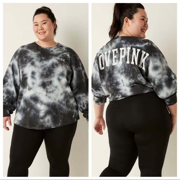 Vs Victorias Secret Pink Varsity Crew Sweater Jacket Top Black Ivory Tie Dye XS - Picture 1 of 7